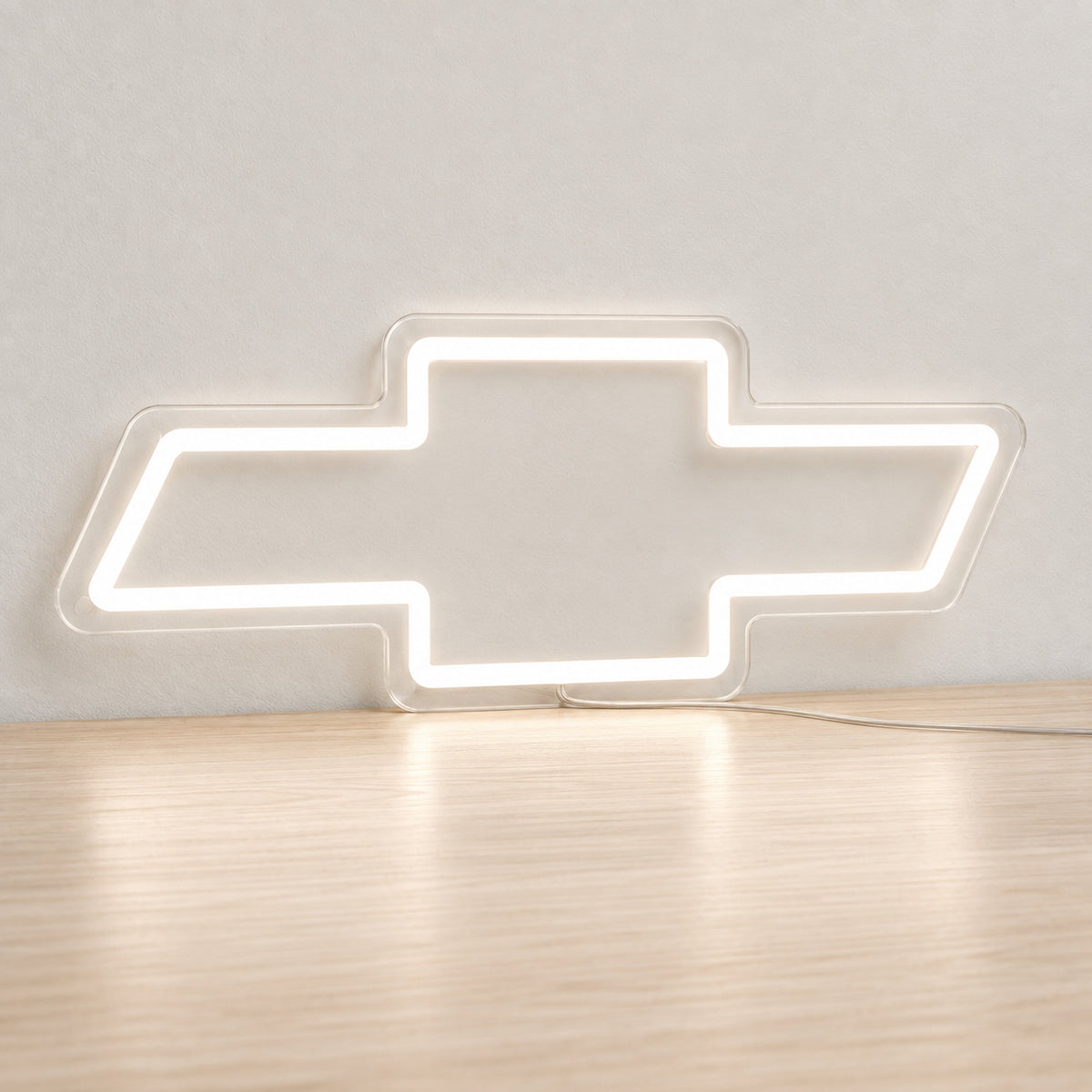 Chevrolet LED Neon Sign, featuring illuminated vehicle logo on a light background.