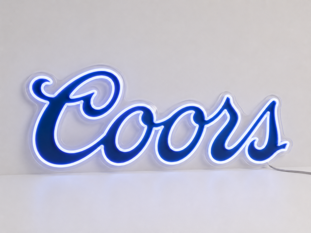 Coors LED Neon Sign, featuring illuminated beer-brand logo on a light background.