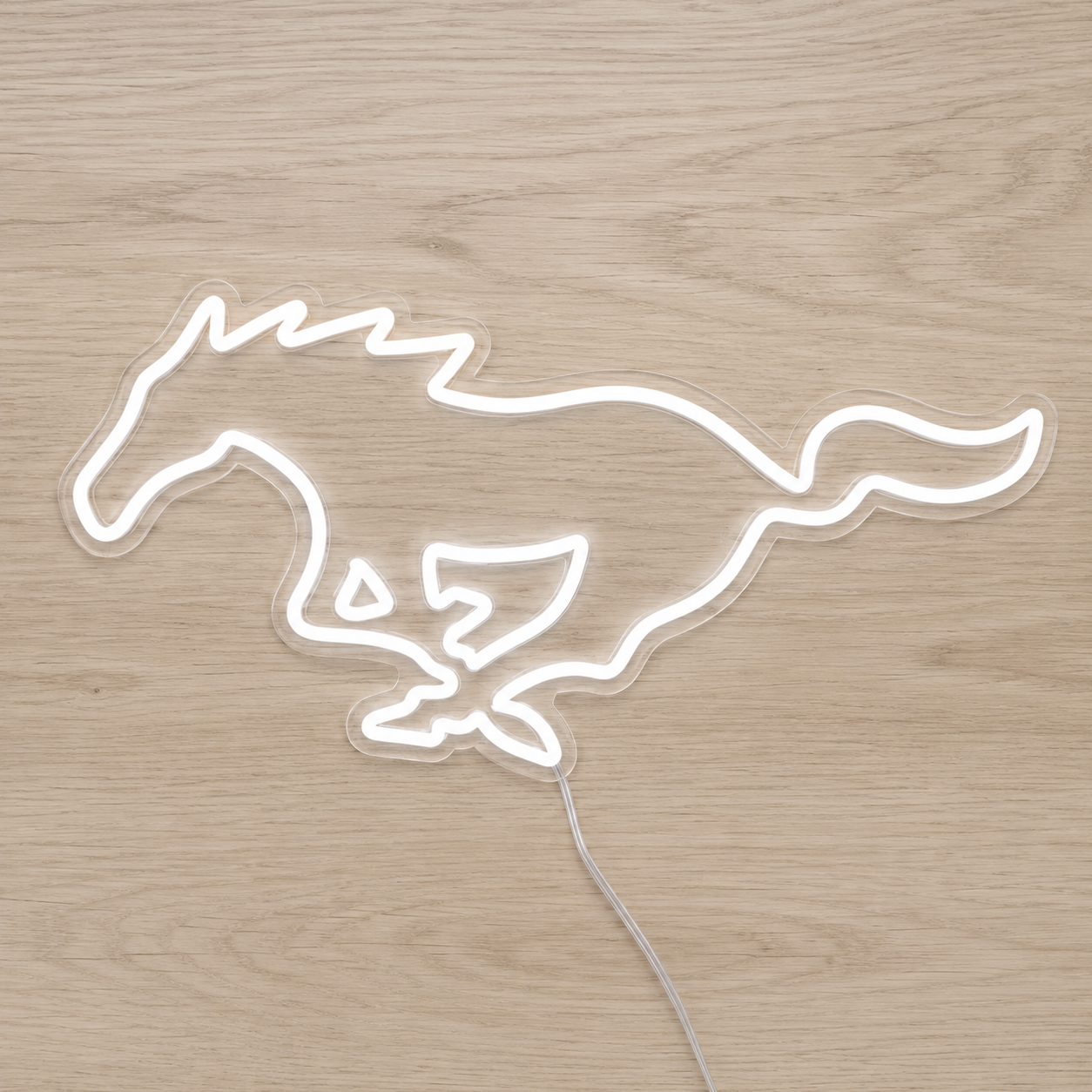 White Ford Mustang horse neon light sign for an automotive garage