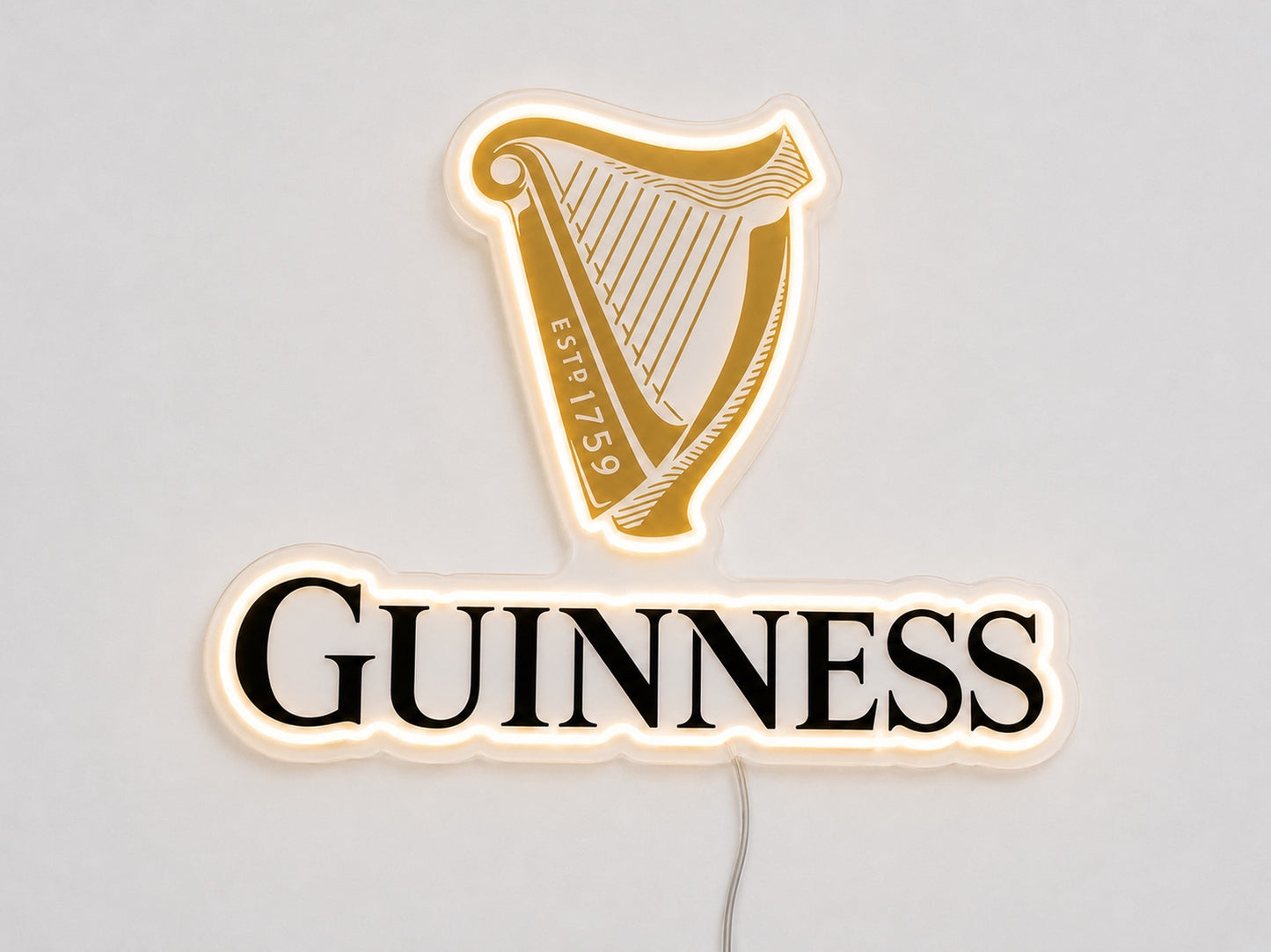 Guinness LED neon sign with a gold harp emblem