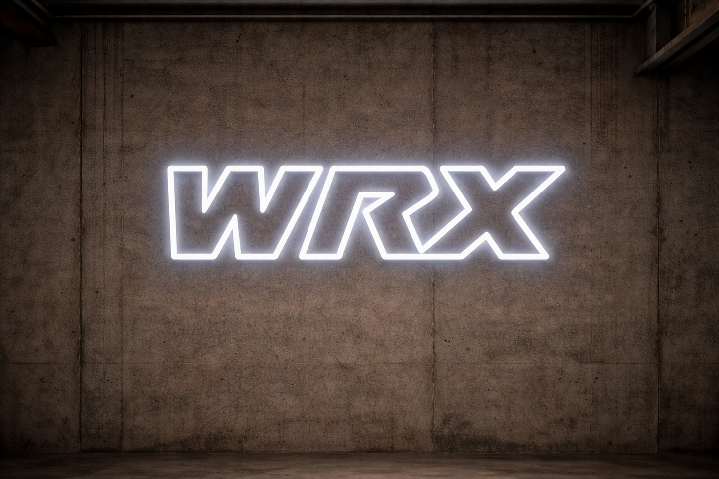 Subaru WRX white LED neon outline sign mounted on concrete garage wall