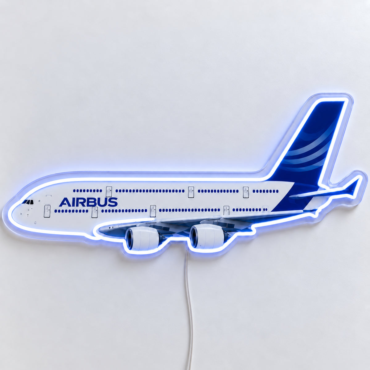 Airbus A380 Neon Sign with printed aircraft details and an illuminated LED outline on clear acrylic, shown from the front on a white surface