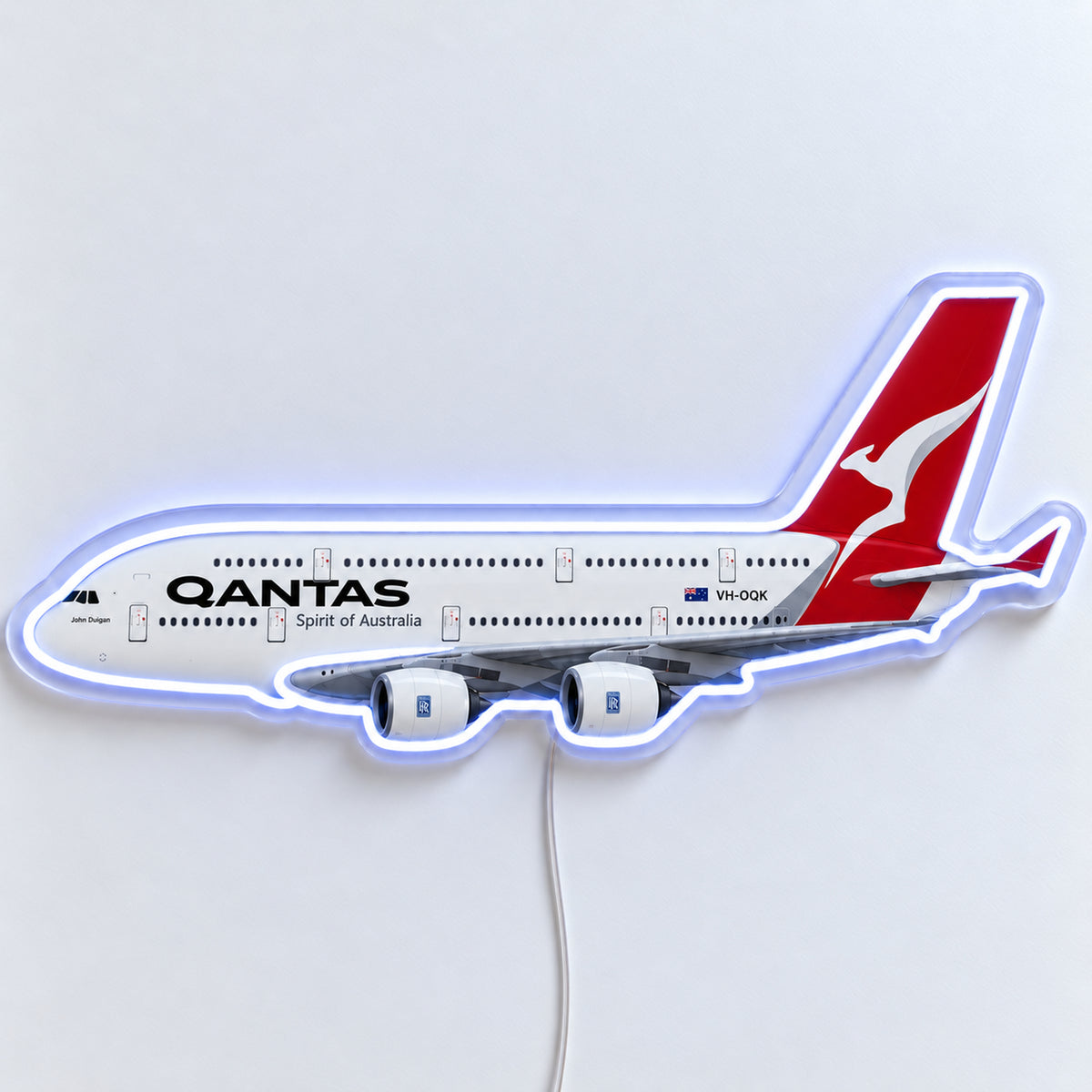 Airbus A380 Qantas Neon Sign with printed aircraft details and an illuminated LED outline on clear acrylic, shown from the front on a white surface, registration VH-OQK