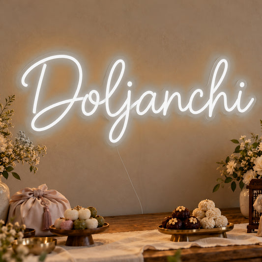 Doljanchi Neon Sign in white LED neon on clear acrylic, angled view