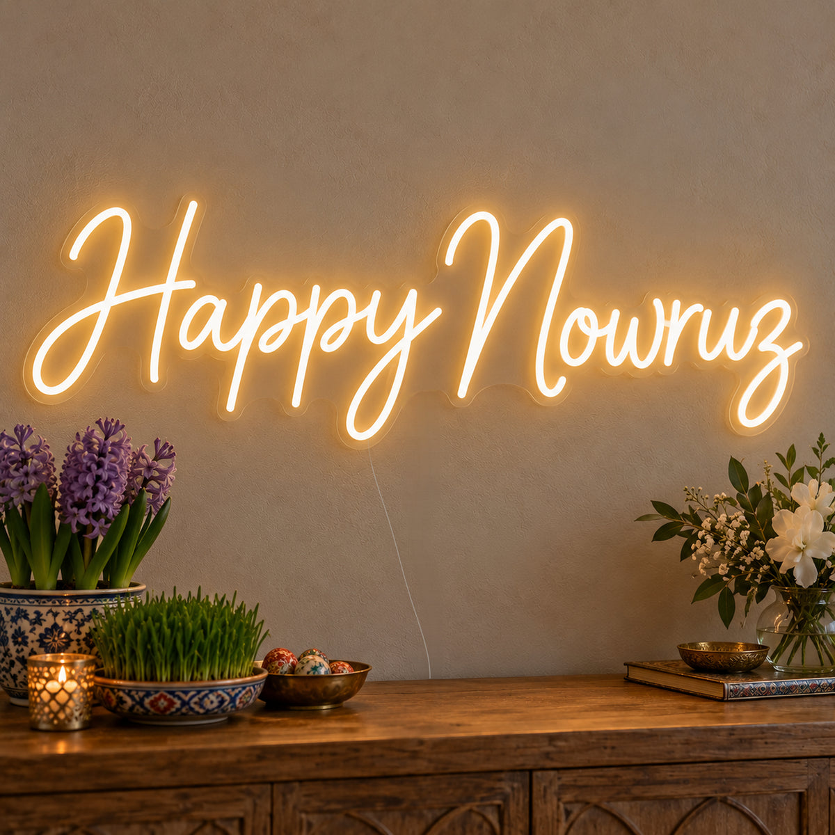 Happy Nowruz Neon Sign on clear cut-to-shape acrylic, illuminated on a wall in a styled celebration setting