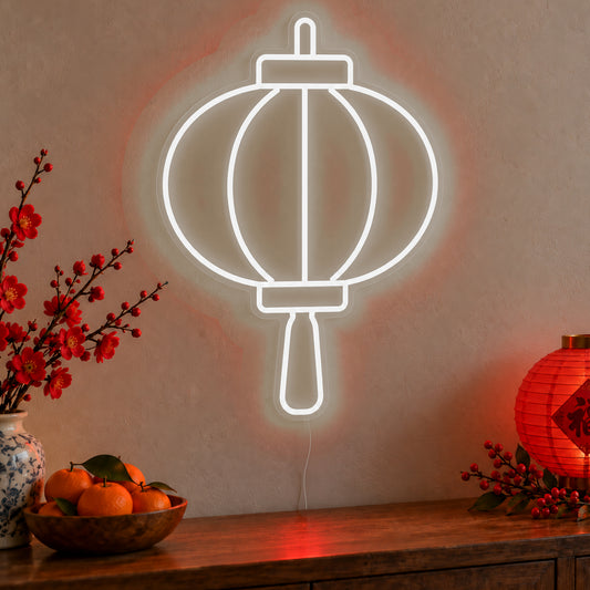Lantern Neon Sign in white LED neon on clear acrylic, angled view