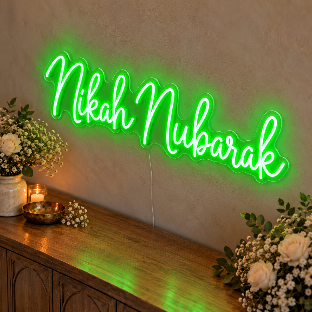 Nikah Mubarak Neon Sign in green LED neon on clear acrylic, angled view