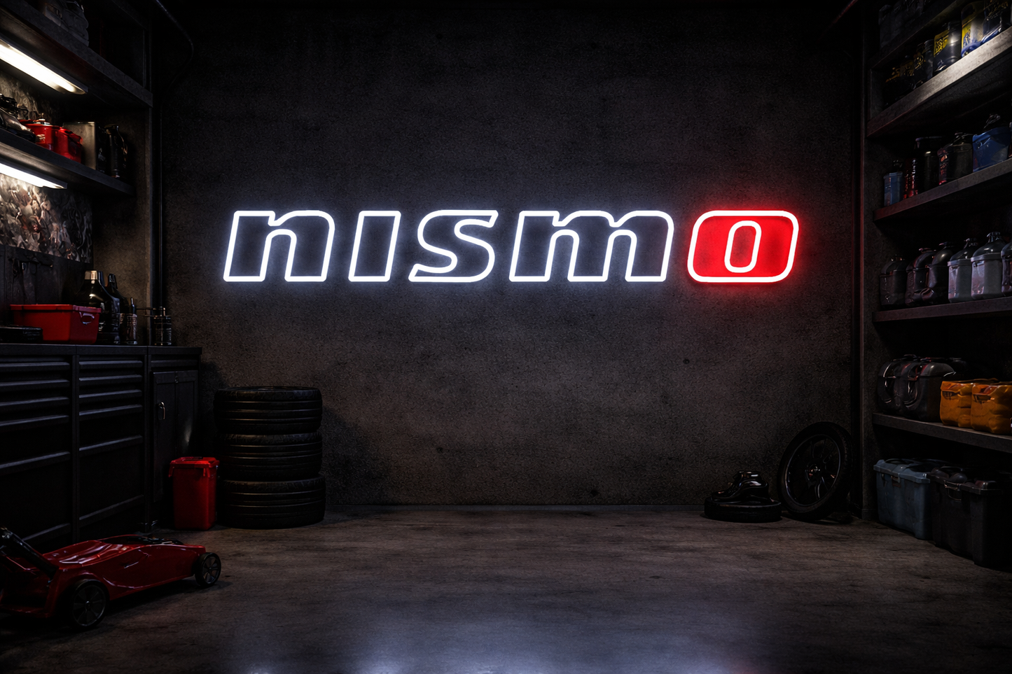 Nissan Nismo LED neon sign with white lettering and red O mounted on concrete garage wall