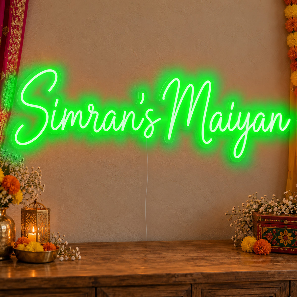 Personalised Maiyan Neon Sign in green LED neon on clear acrylic, angled view