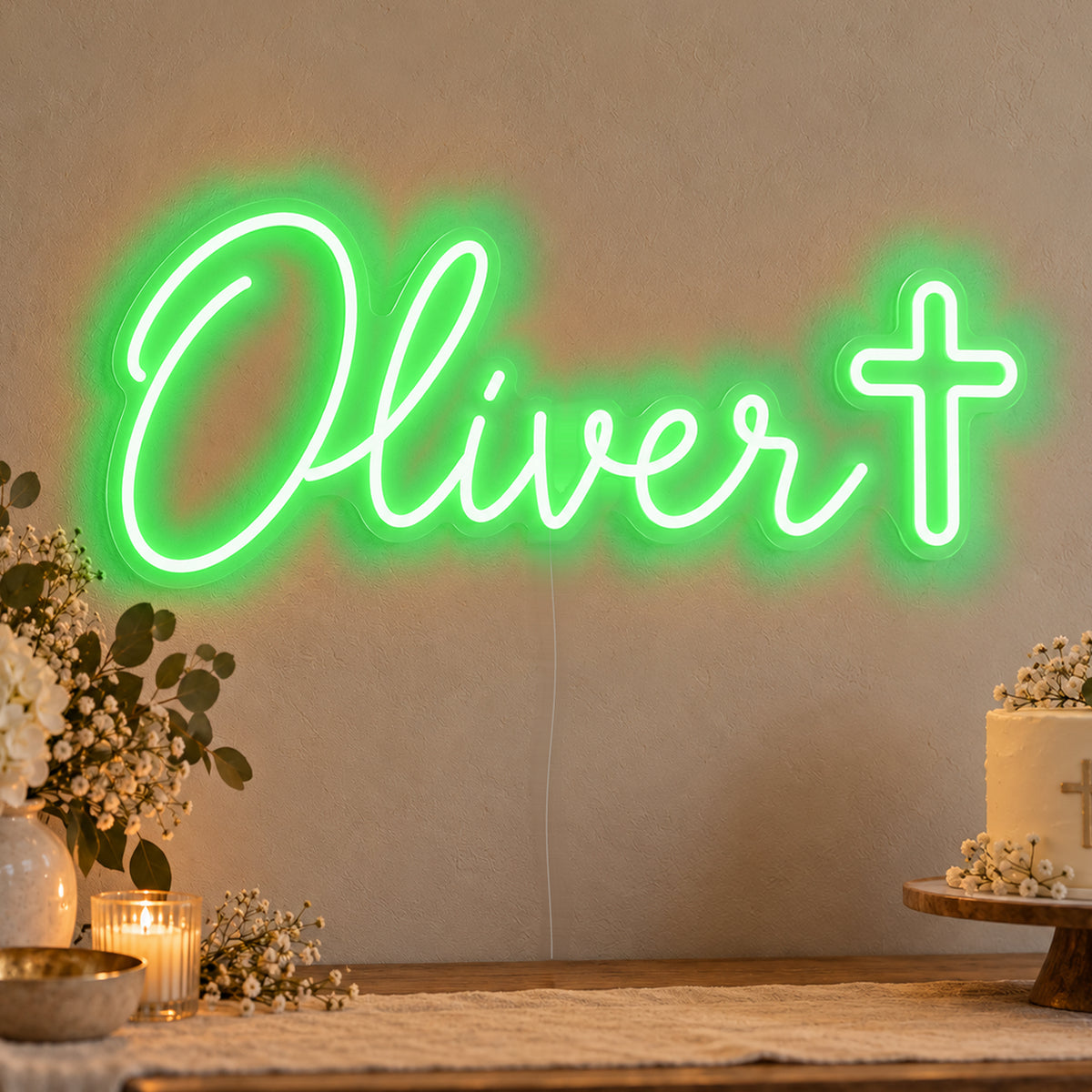 Personalised Name Cross Neon Sign in green LED neon on clear acrylic, angled view