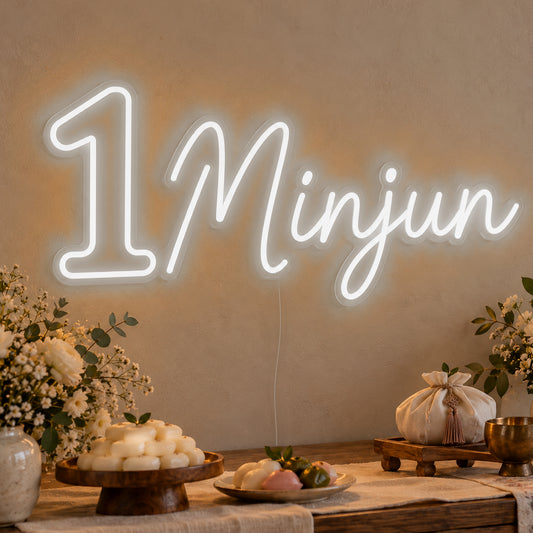 Personalised Name One Neon Sign in white LED neon on clear acrylic, angled view