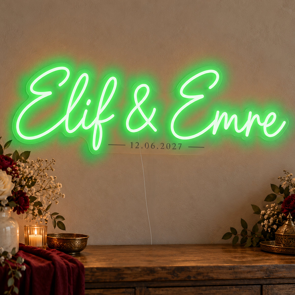 Personalised Turkish Names Date Neon Sign in green LED neon on clear acrylic, angled view