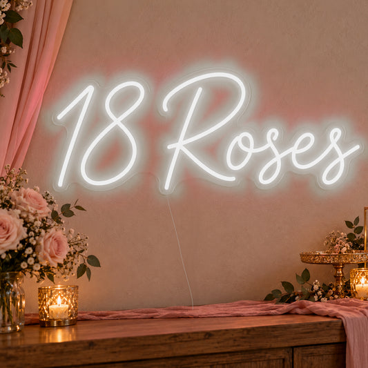 18 Roses Neon Sign in white LED neon on clear acrylic, angled view