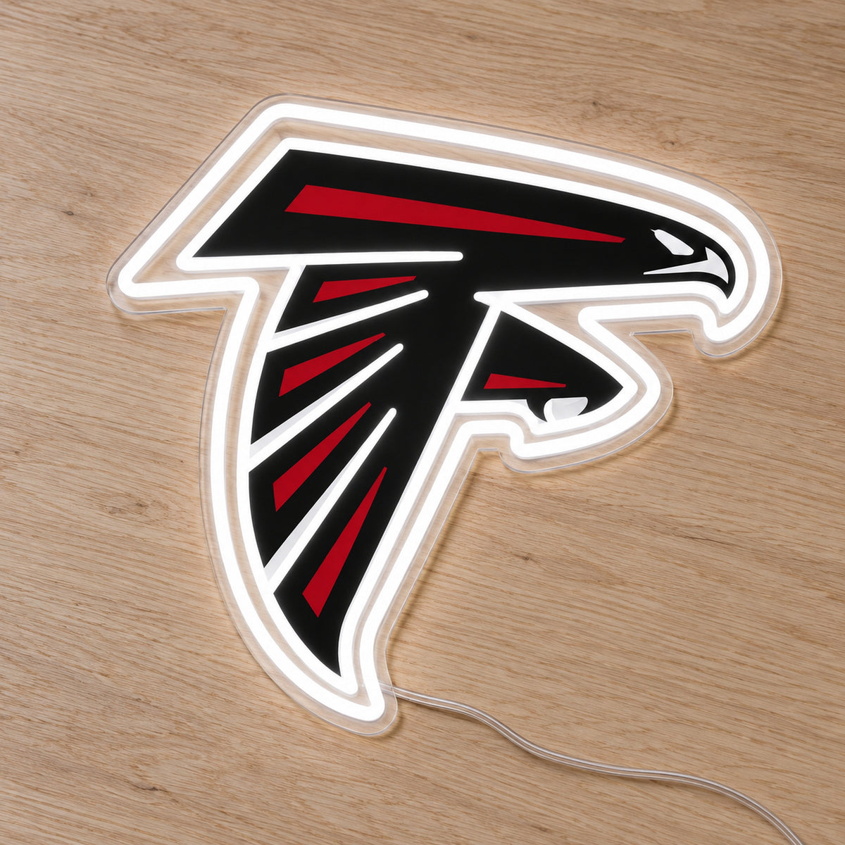 Atlanta Falcons LED Neon Sign, featuring team logo displayed on a wooden surface.