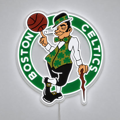 Boston Celtics LED Neon Sign, featuring illuminated team logo on a light background.