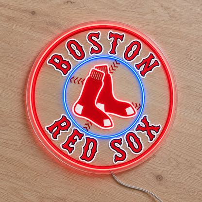Boston Red Sox LED Neon Sign, featuring illuminated team logo on a wooden surface.