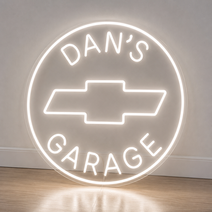 White Chevrolet bowtie personalised name neon sign on clear acrylic