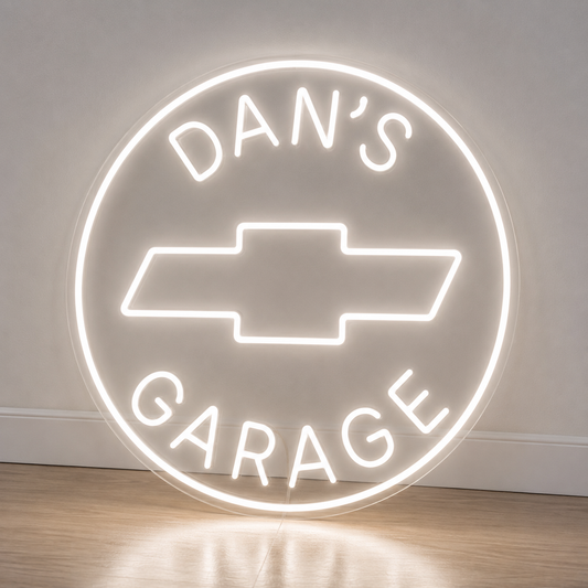 White Chevrolet bowtie personalised name neon sign on clear acrylic