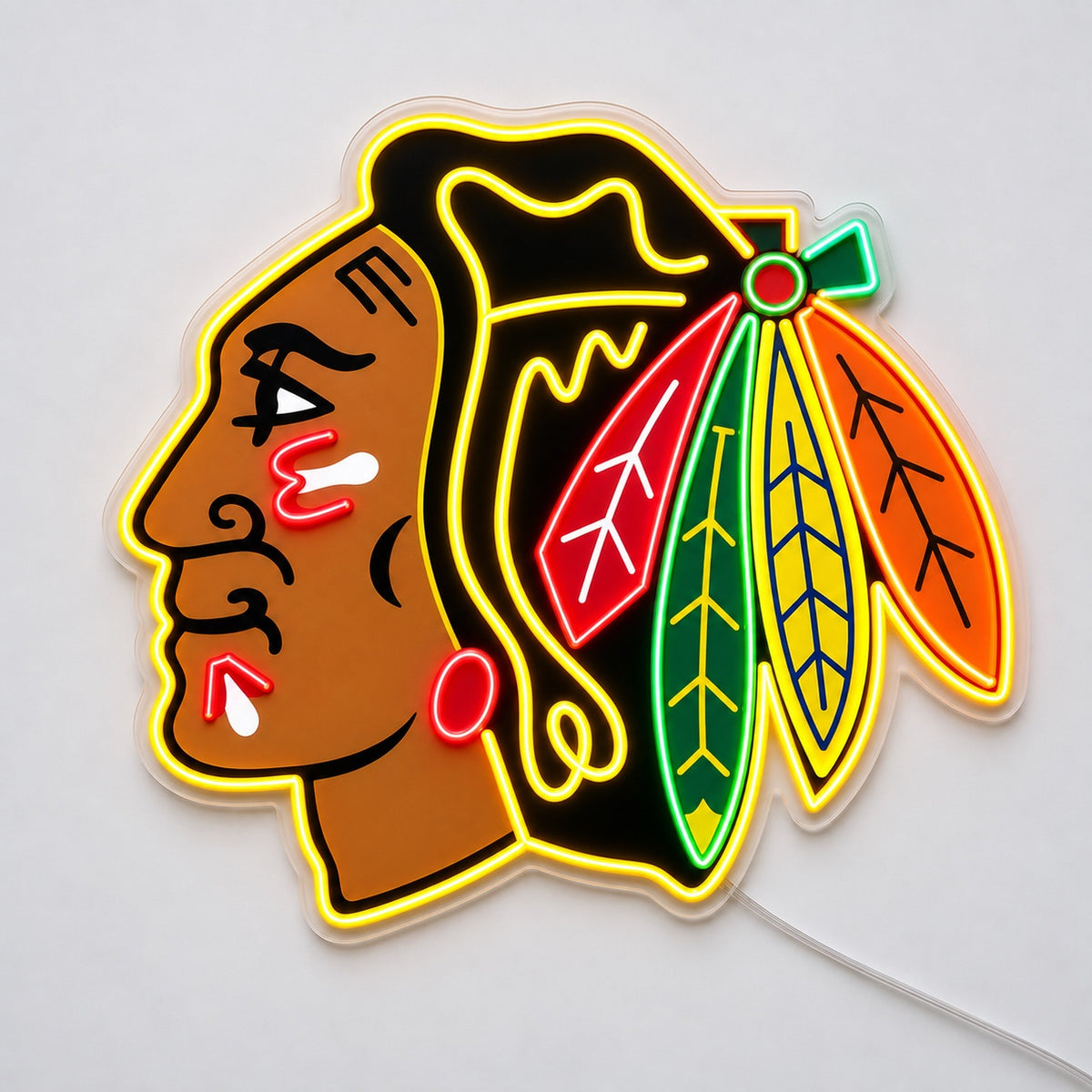 Chicago Blackhawks LED Neon Sign, featuring team logo displayed on a light background.