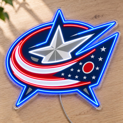 Columbus Blue Jackets LED Neon Sign, featuring team logo displayed on a wooden surface.