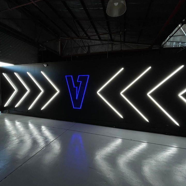 Custom 'V' LED Neon Signage in Electric Blue at Voltaic Auto Electricians, Perth