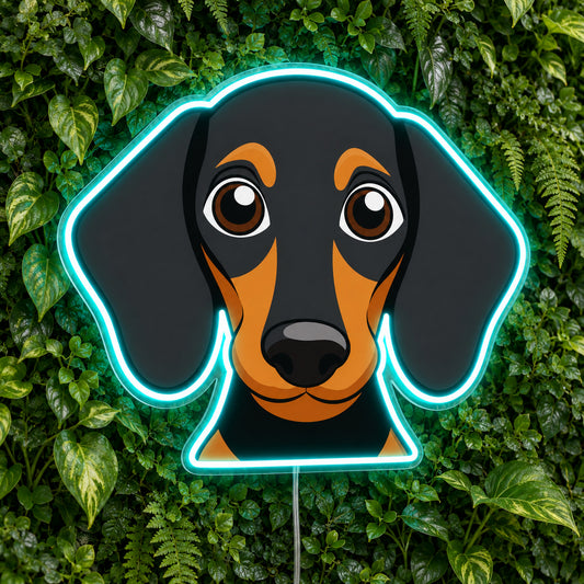 Dachshund LED Neon Sign in turquoise, featuring a dachshund face with a glowing outline against foliage.