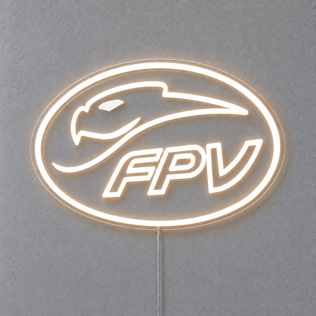 FPV Ford Performance Vehicles LED Neon Sign in warm white, featuring oval FPV logo with a bird-head outline on a grey wall.