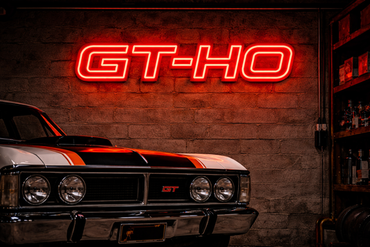 Ford Falcon GT-HO LED Neon Sign on a garage wall with a Ford Falcon Car in front