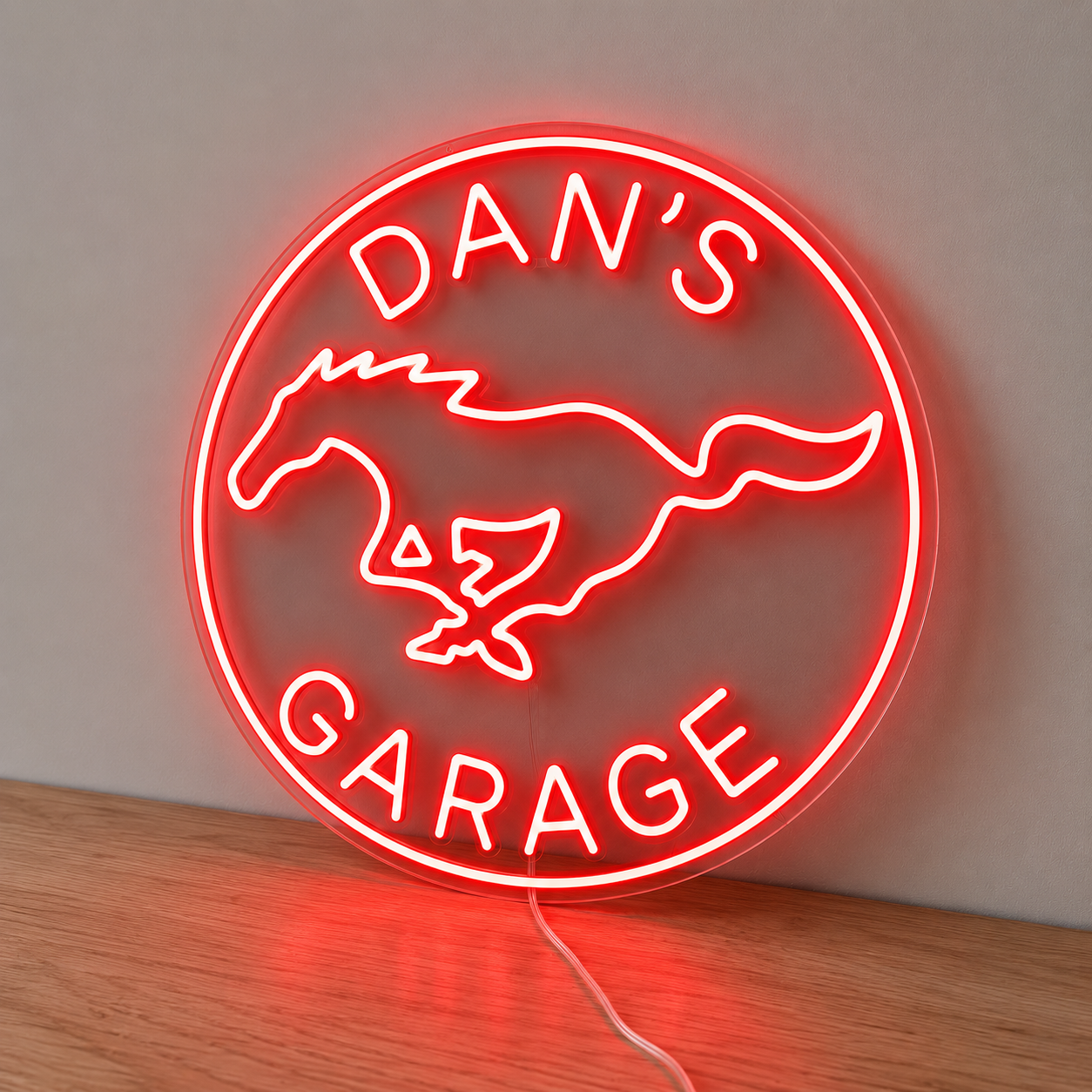 Red Ford Mustang personalised name neon sign on clear acrylic