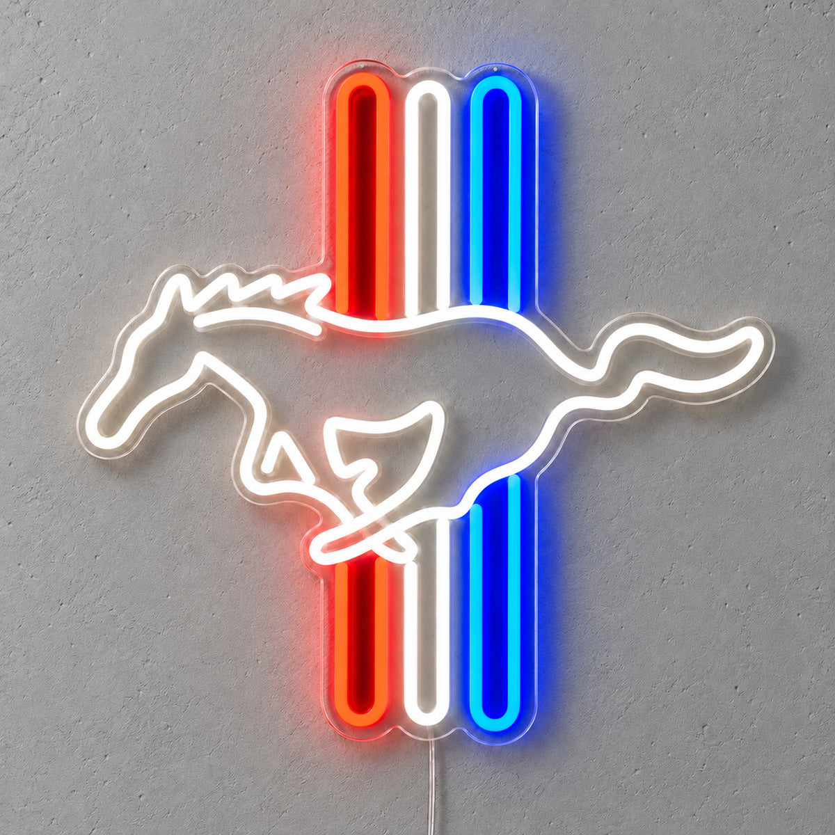 Ford Mustang Tri-Bar LED Neon Sign in red, white and blue, featuring a Mustang horse outline over three vertical stripes on a grey wall.