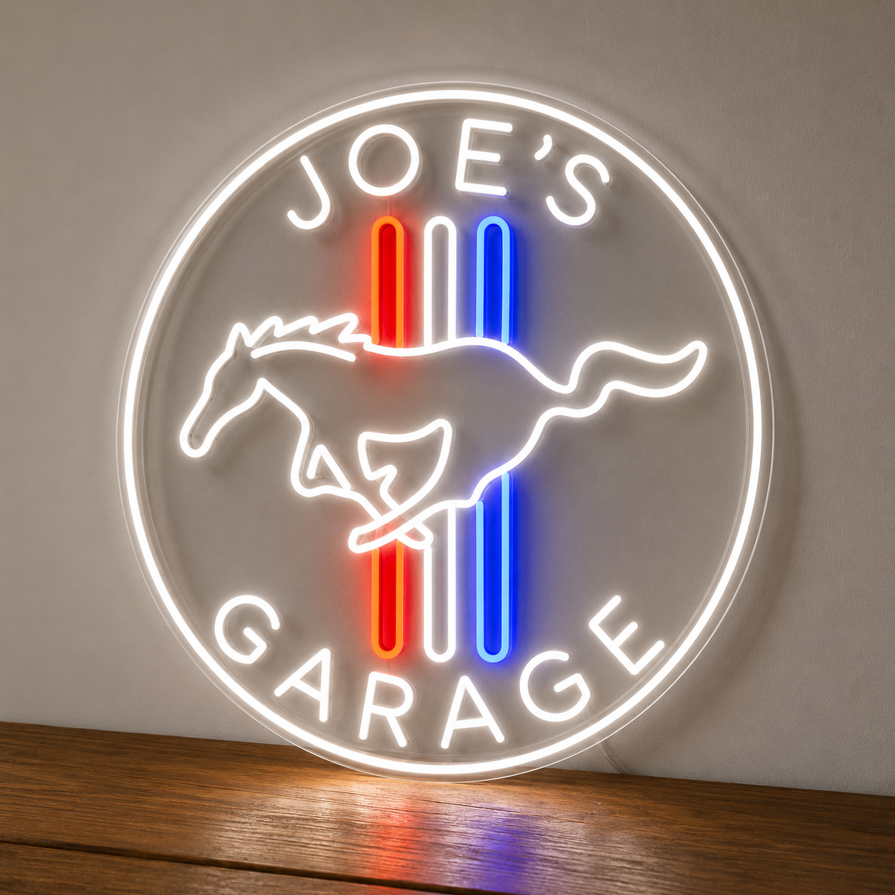White Ford Tribar personalised text neon sign mounted on clear acrylic