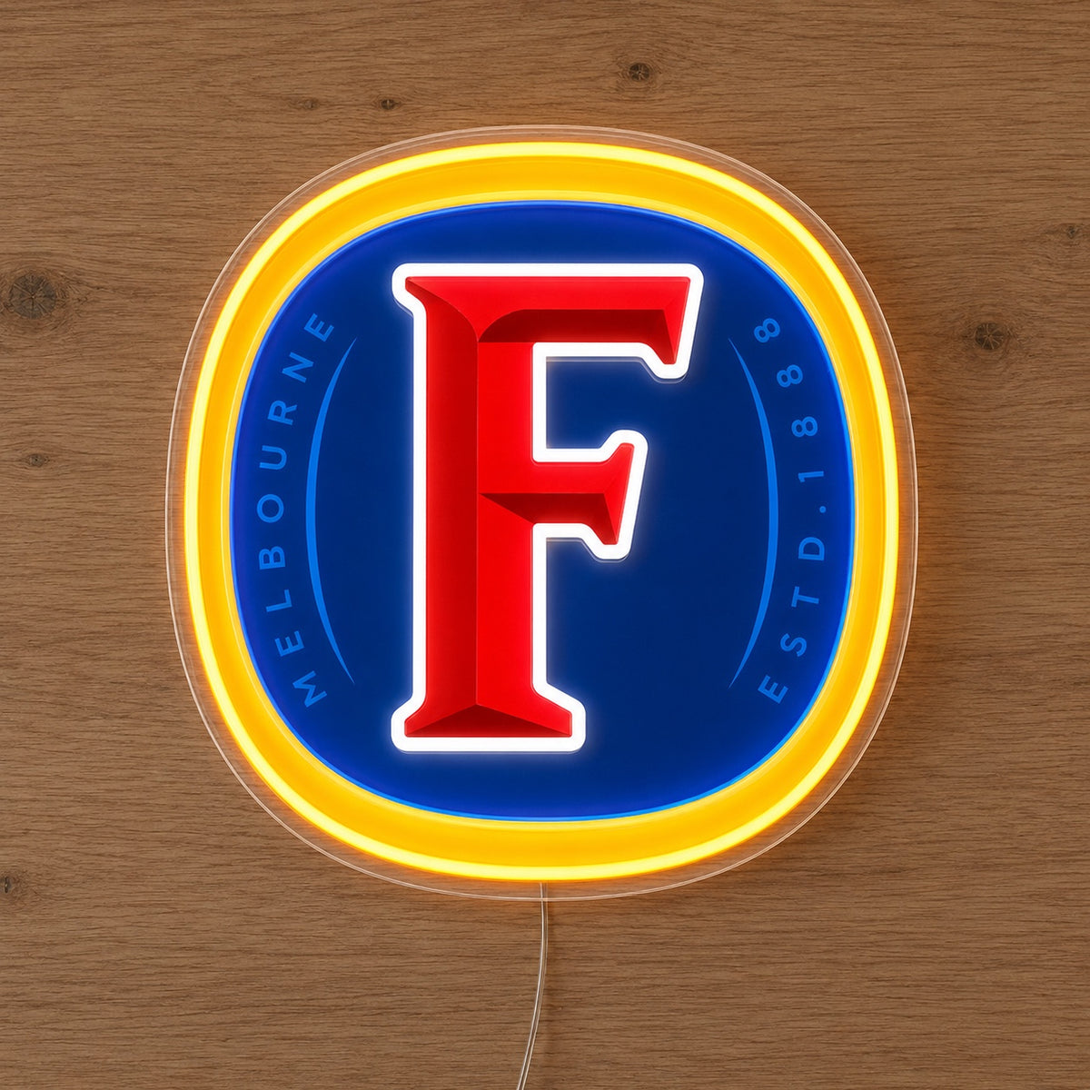 Fosters LED neon sign in blue, gold and red