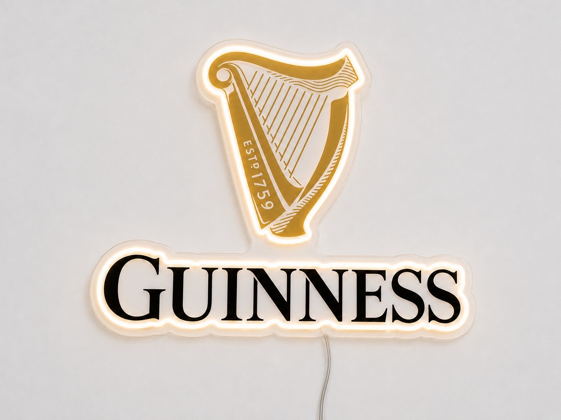 Guinness LED neon sign with a gold harp emblem