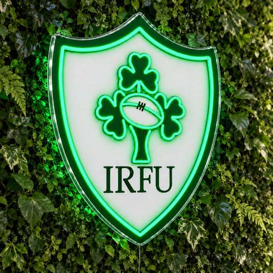 Ireland Rugby LED Neon Sign, featuring team logo displayed on a green foliage wall.