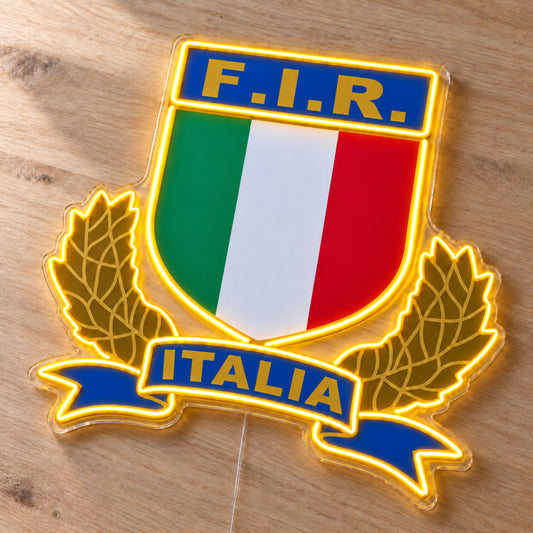 Italy Rugby LED Neon Sign, featuring team logo displayed on a wooden surface.