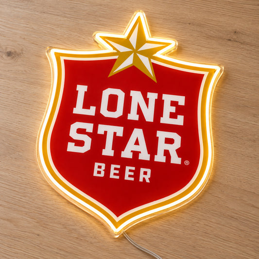 Lone Star Beer LED Neon Sign, featuring beer-brand logo displayed on a wooden surface.