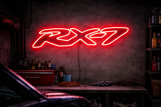 Mazda RX7 LED neon sign glowing in a JDM styled garage, classic rotary performance wall light