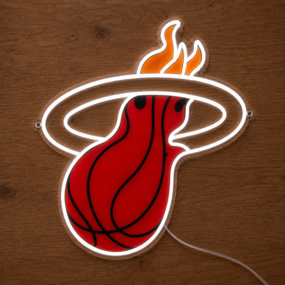 Miami Heat LED Neon Sign, featuring team logo displayed on a wooden surface with the sign switched off.