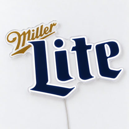 Miller Lite LED Neon Sign, featuring illuminated beer-brand logo on a light background.