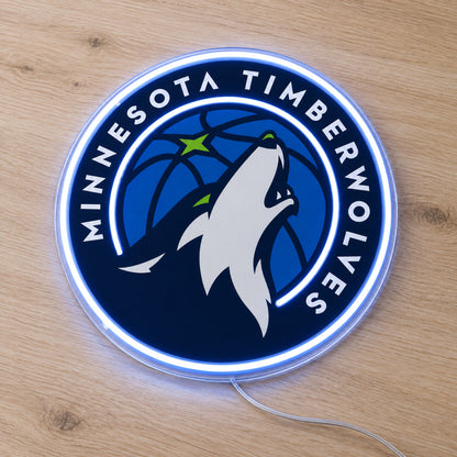 Minnesota Timberwolves LED Neon Sign, featuring illuminated team logo on a wooden surface.