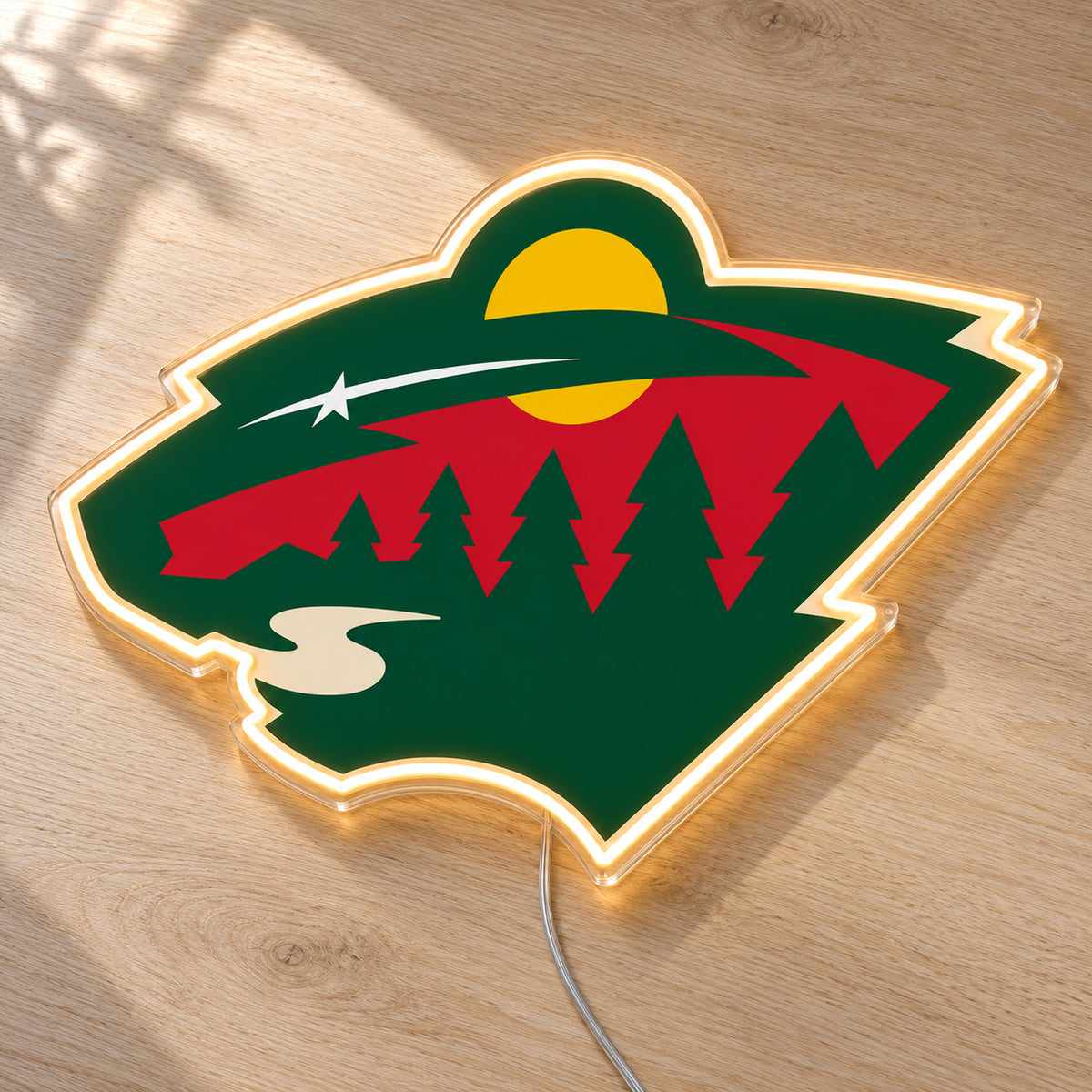 Minnesota Wild LED Neon Sign, featuring team logo displayed on a wooden surface.