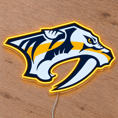 Nashville Predators LED Neon Sign, featuring team logo displayed on a wooden surface.