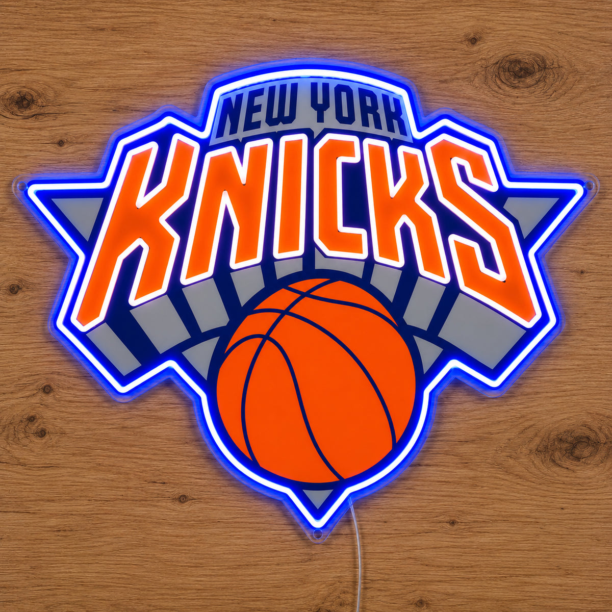 New York Knicks LED Neon Sign, featuring team logo displayed on a wooden surface.