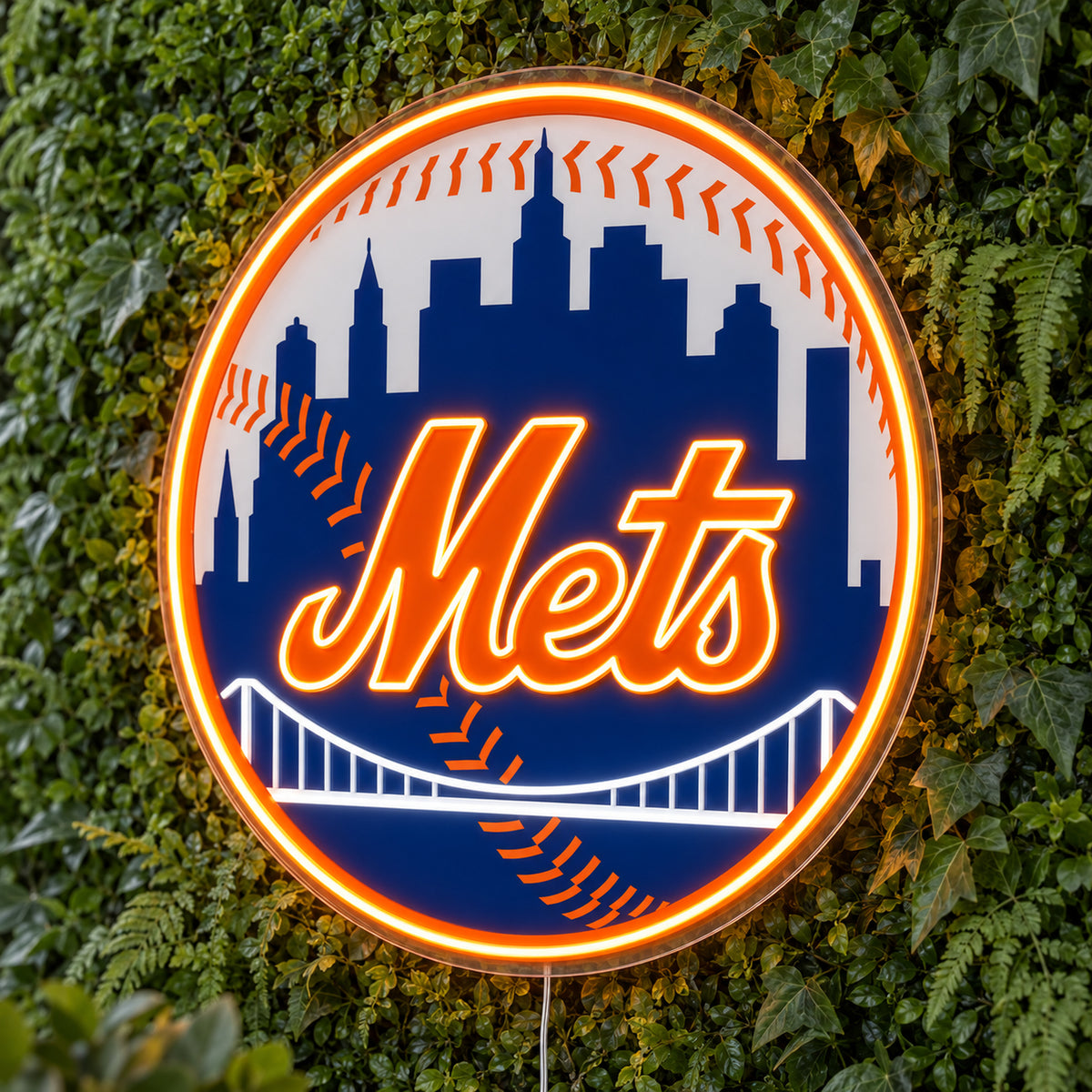 New York Mets LED Neon Sign, featuring illuminated team logo on a green foliage wall.