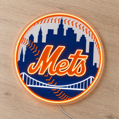 New York Mets LED Neon Sign, featuring illuminated team logo on a wooden surface.