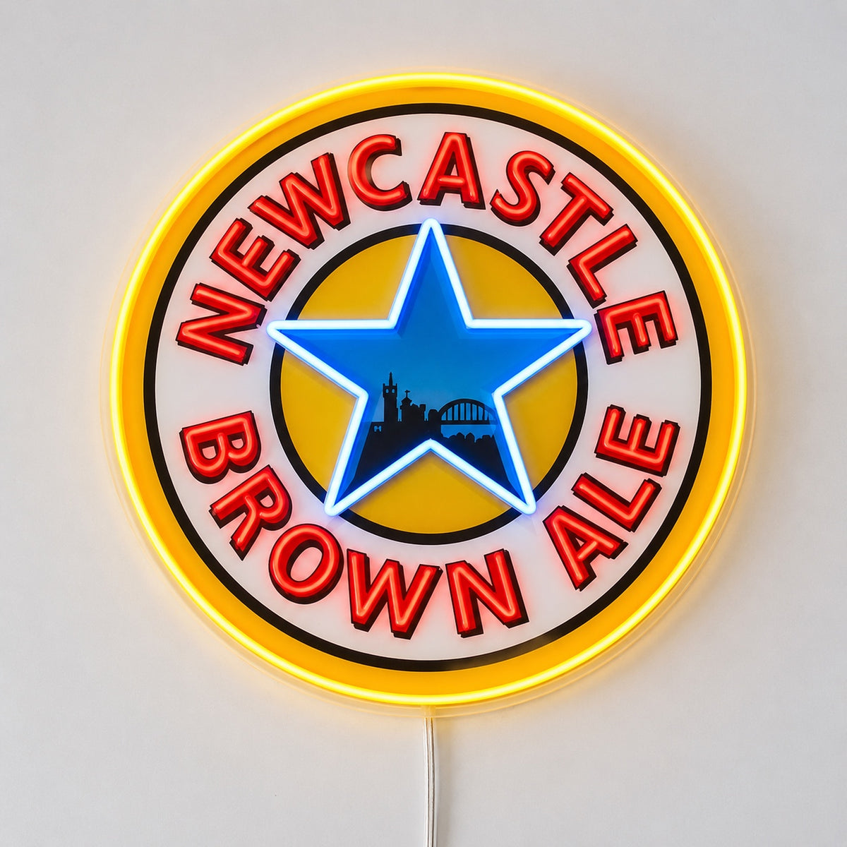 Newcastle Brown Ale LED neon sign in gold, red and blue