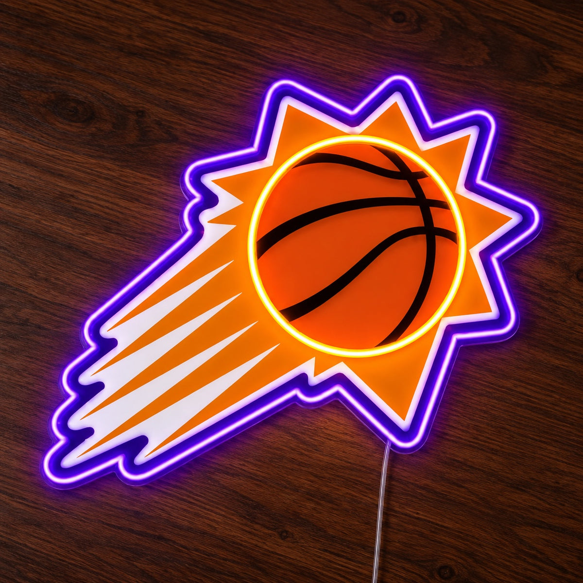 Phoenix Suns LED Neon Sign, featuring illuminated team logo on a wooden surface.
