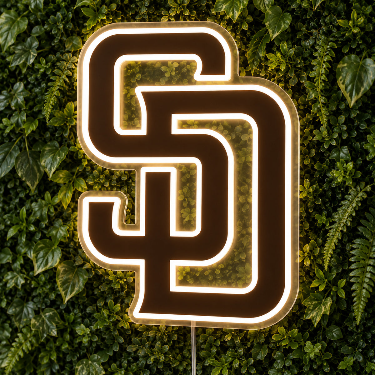San Diego Padres LED Neon Sign, featuring team logo displayed on a green foliage wall.
