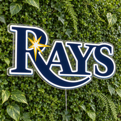Tampa Bay Rays LED Neon Sign, featuring illuminated team logo on a green foliage wall.