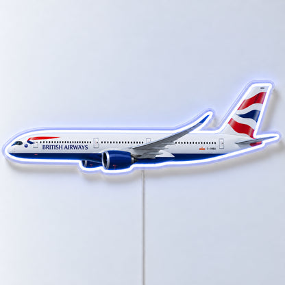 Airbus A350-1000 British Airways Neon Sign with printed aircraft details and an illuminated LED outline on clear acrylic, shown from the front on a white surface, registration G-XWBA